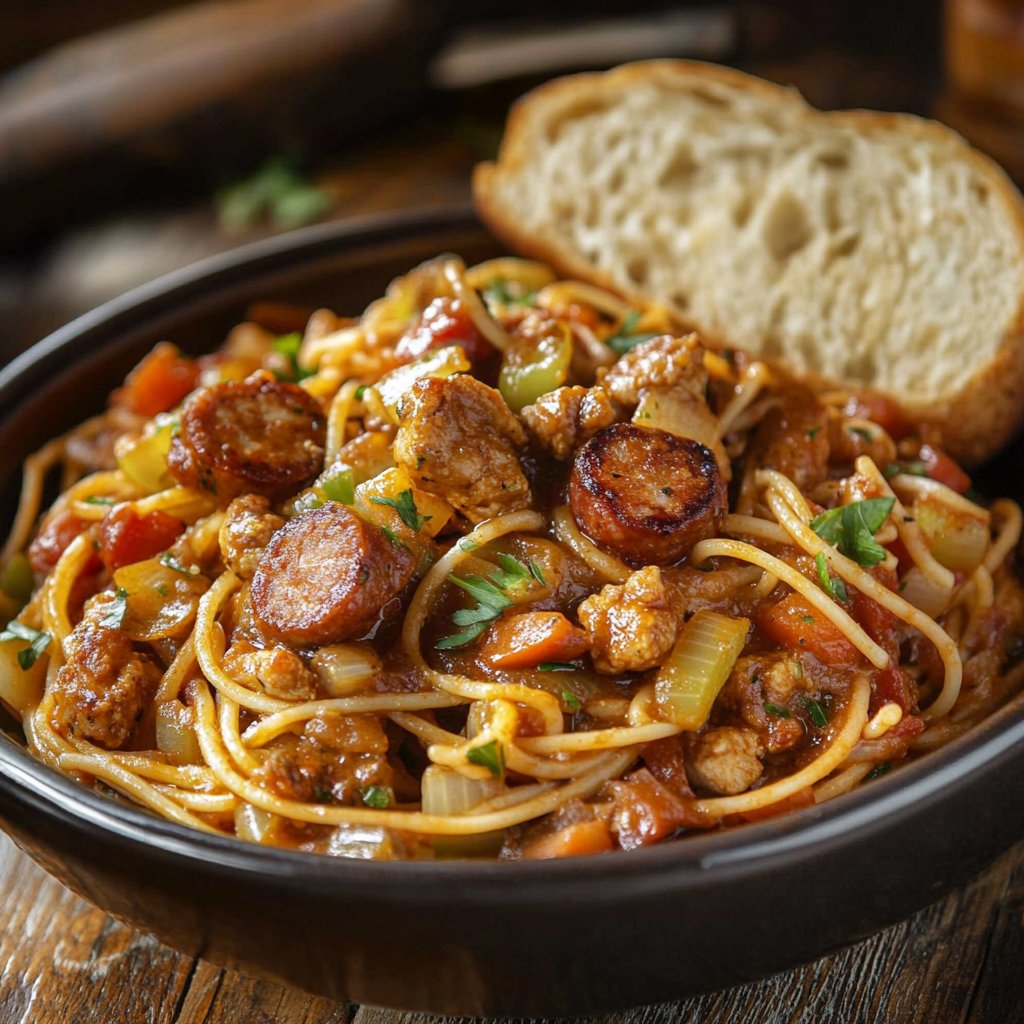 A hearty bowl of Cajun Pastalaya with smoked sausage, chicken, and pasta, coated in a rich, spicy tomato-based sauce and garnished with green onions.