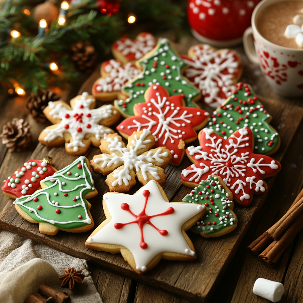 A festive assortment of beautifully decorated Christmas sugar cookies in the shapes of snowflakes, Christmas trees, and stars, arranged on a rustic wooden board. The cookies are adorned with red, green, and white royal icing, with intricate piping and sprinkles. A warm cup of hot cocoa with marshmallows and twinkling holiday lights add to the cozy Christmas ambiance.