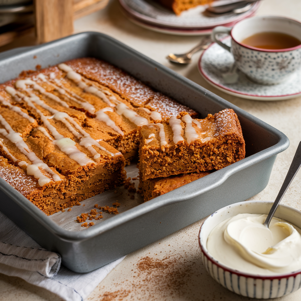 A freshly baked heart-healthy gingerbread cake in a 9x13-inch pan, drizzled with lemon glaze and dusted with powdered sugar, served with English cream.