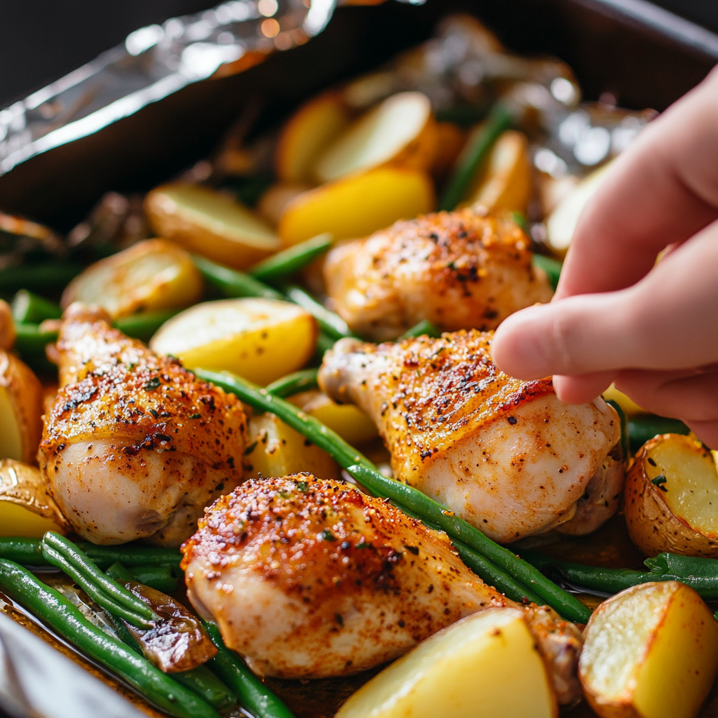 A close-up of golden-brown, crispy-skinned roasted chicken drumsticks with seasoned potatoes and green beans, with a hand gently lifting a piece to show the texture.