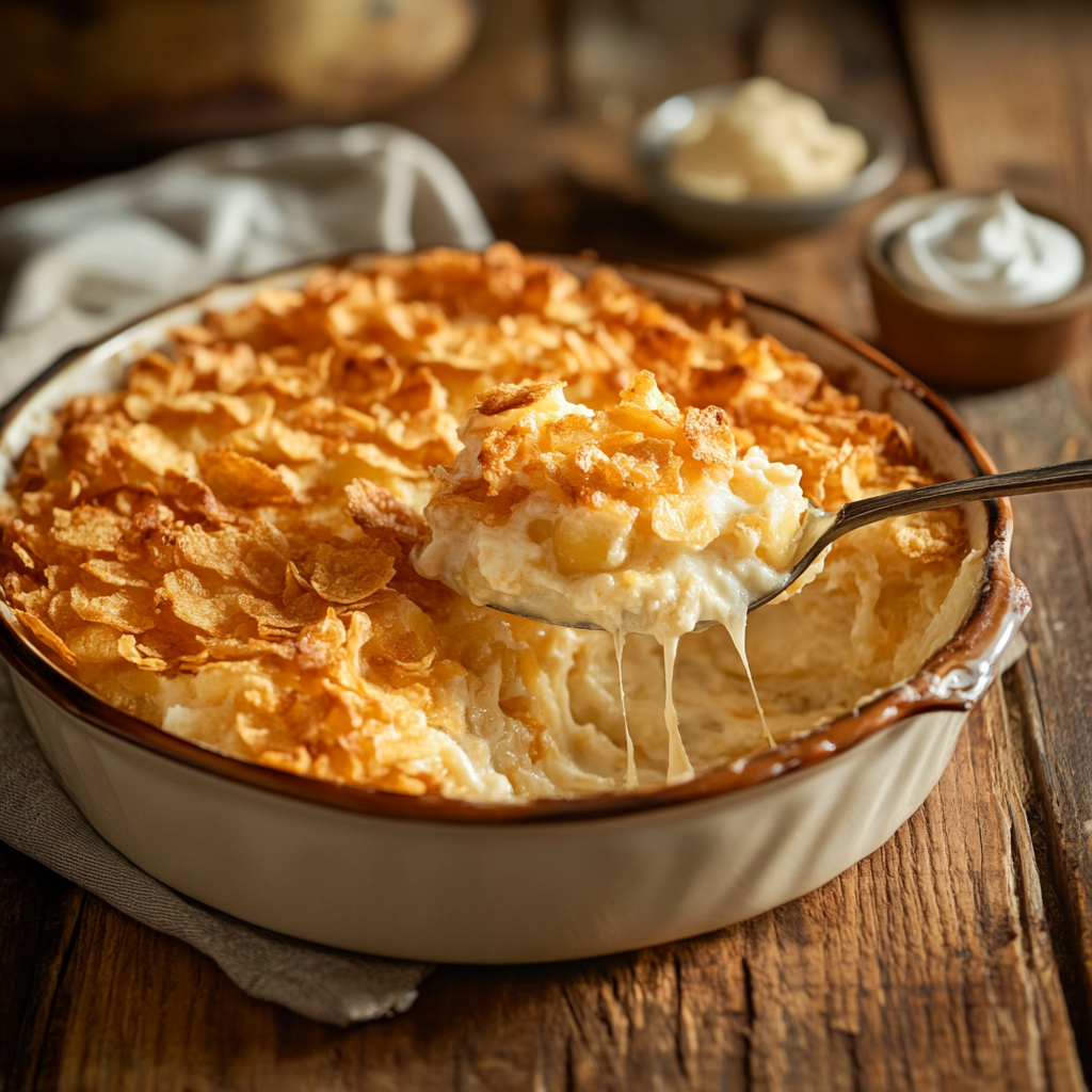 A spoonful of creamy, cheesy Funeral Potatoes being lifted from a casserole dish, showing a golden, crispy corn flake topping with a gooey, melted cheese filling.