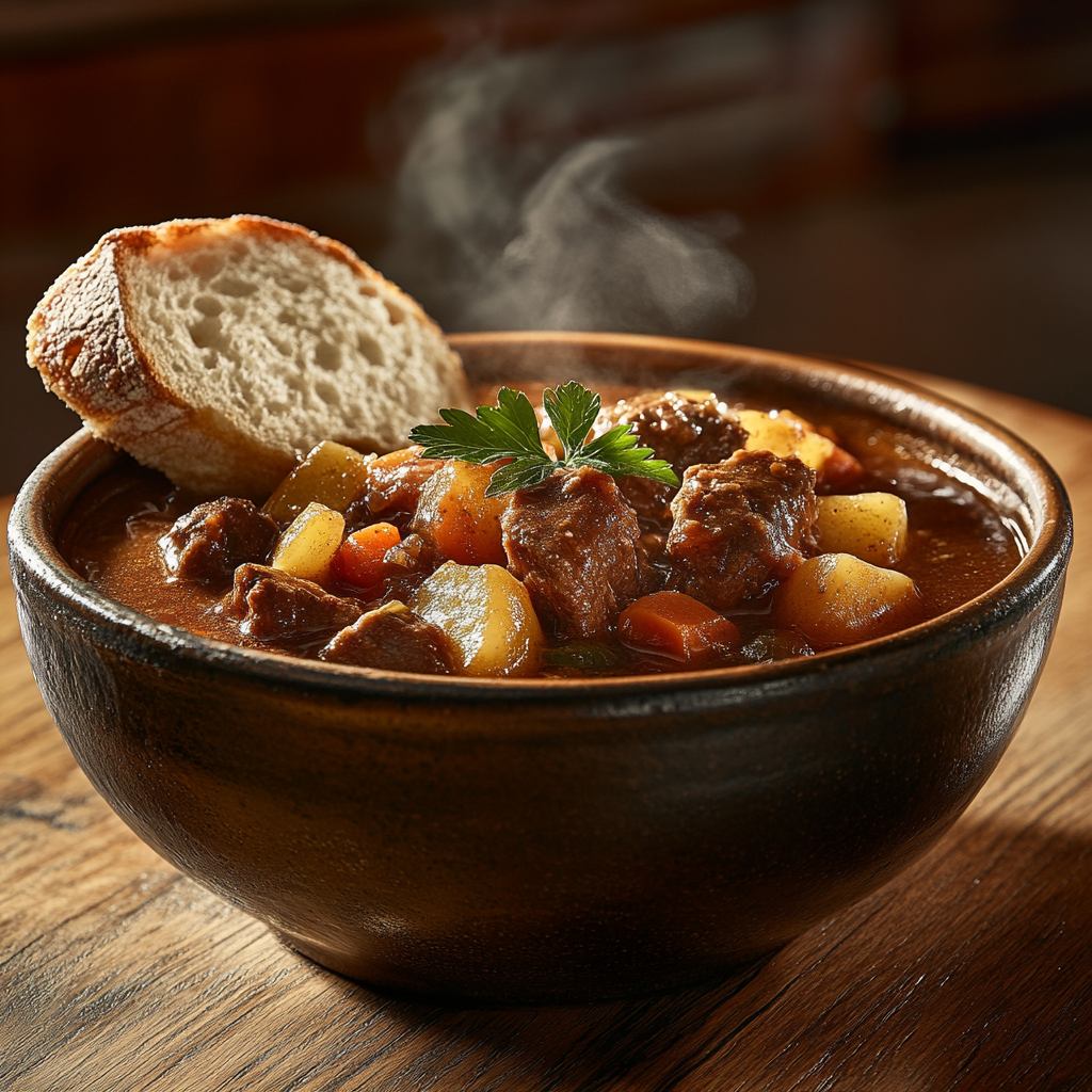 A steaming bowl of old-fashioned beef stew filled with tender beef, potatoes, and carrots, garnished with fresh parsley and served with a slice of crusty bread.