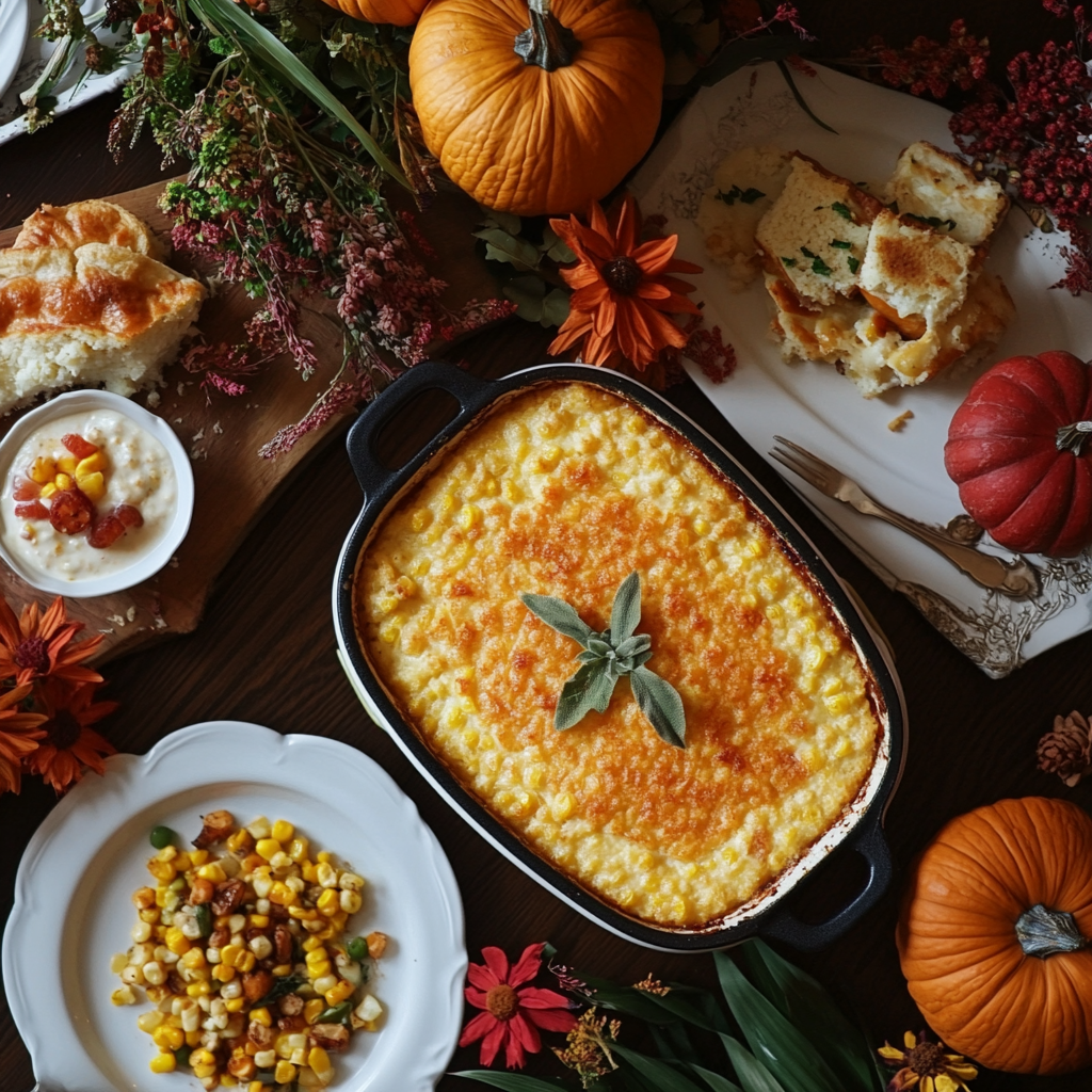 A beautifully baked corn pudding in a black casserole dish, garnished with fresh sage, sitting on a festive Thanksgiving table decorated with pumpkins, autumn flowers, and seasonal side dishes. The table is set with plates of creamed corn, cornbread, and a corn salad, creating a warm and inviting holiday feast.