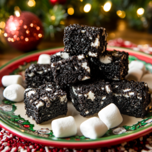 A festive plate of Lumps of Coal Christmas Treats, made with crushed Oreos, marshmallows, and butter. The chewy, dark treats are cut into small squares and surrounded by mini marshmallows, set against a cozy Christmas background with twinkling lights and holiday decorations.