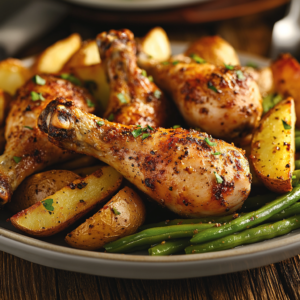 A close-up of a plate filled with golden-brown roasted chicken drumsticks, seasoned potatoes, and vibrant green beans, all cooked together for a hearty meal.