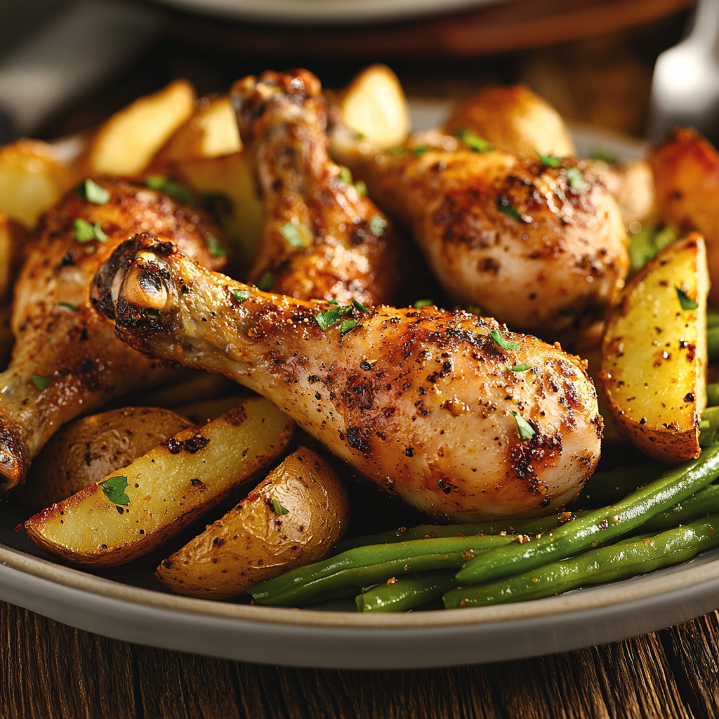 A close-up of a plate filled with golden-brown roasted chicken drumsticks, seasoned potatoes, and vibrant green beans, all cooked together for a hearty meal.