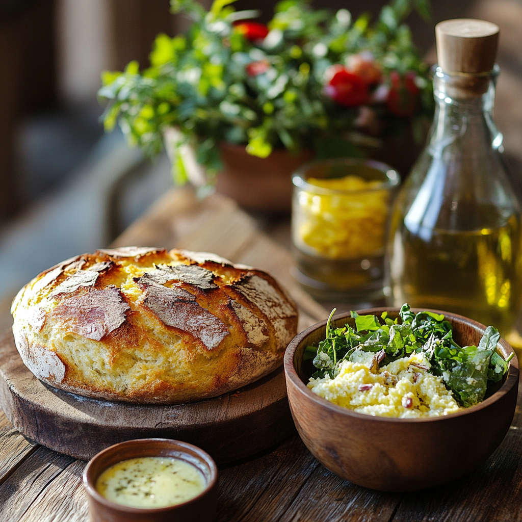 A rustic loaf of crusty bread, a fresh green salad with couscous, and a small bowl of herb butter, served on a wooden table with olive oil and spices in the background.