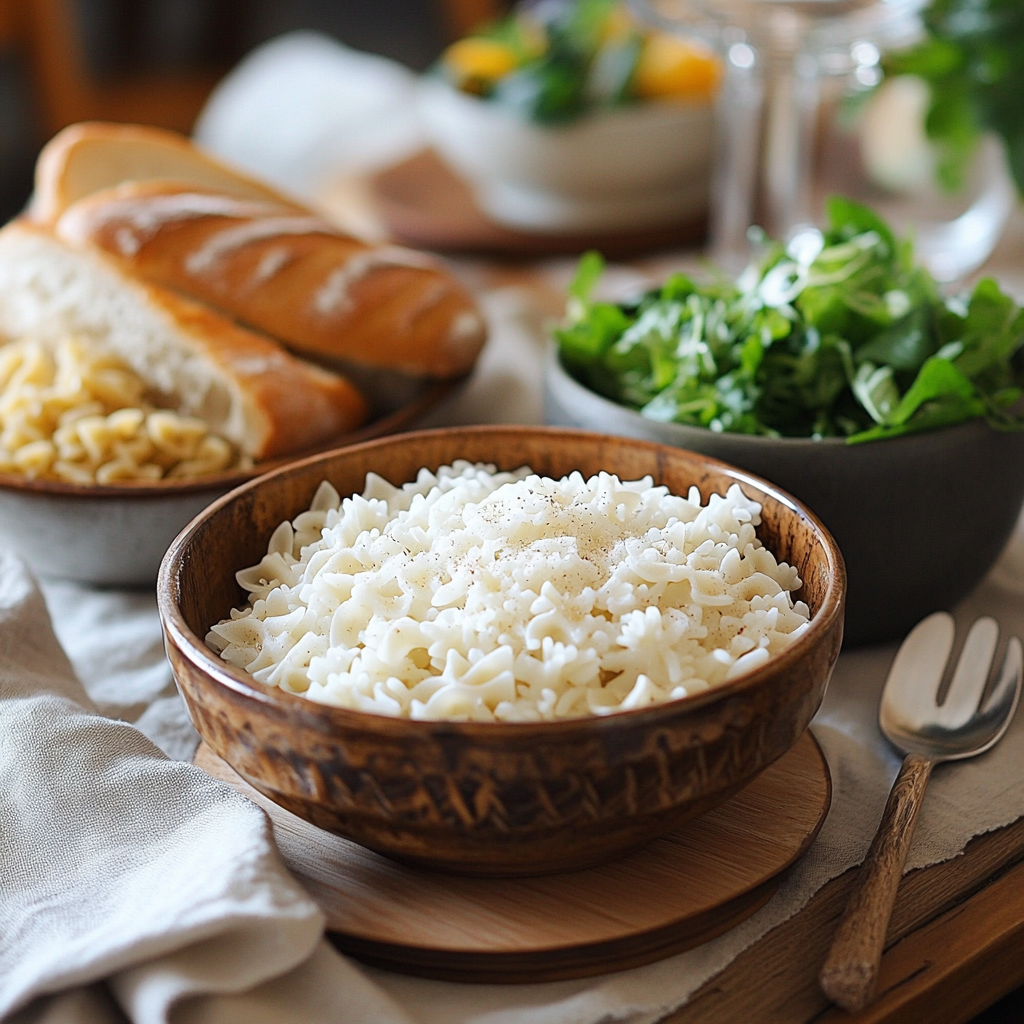 A beautifully arranged dinner table featuring a bowl of fluffy white rice, fresh green salad, crusty bread, and pasta—perfect serving options for a creamy shrimp and mushroom skillet.