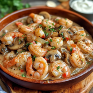 A rich and creamy shrimp and mushroom skillet dish, garnished with fresh parsley and served in a rustic wooden bowl.