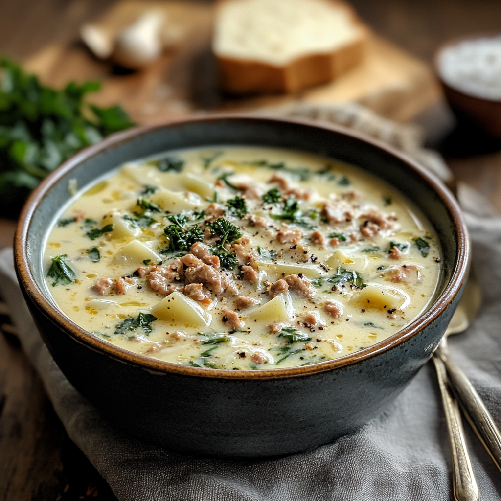 A close-up of a bowl of creamy Tuscan soup filled with crumbled sausage, diced potatoes, and fresh kale, garnished with black pepper and parsley. A rustic wooden background with fresh herbs and a slice of bread enhances the cozy atmosphere.