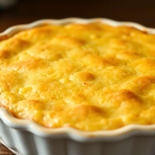 A freshly baked corn pudding recipe with a golden-brown crust in a white ceramic baking dish, showcasing its creamy texture and rich, buttery flavor.