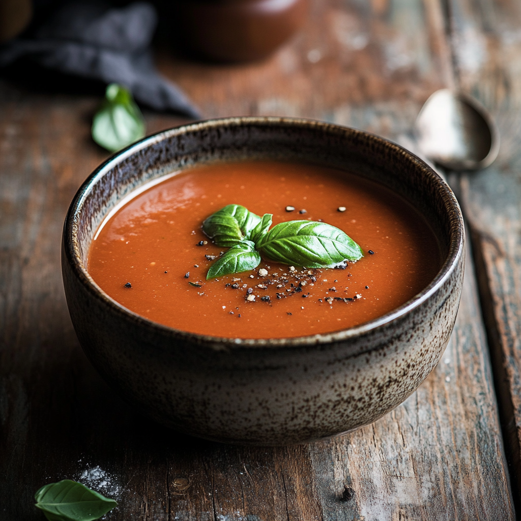 Rustic bowl of creamy tomato soup garnished with fresh basil leaves, black pepper, and sea salt, placed on a wooden table with a spoon and basil sprigs in the background.