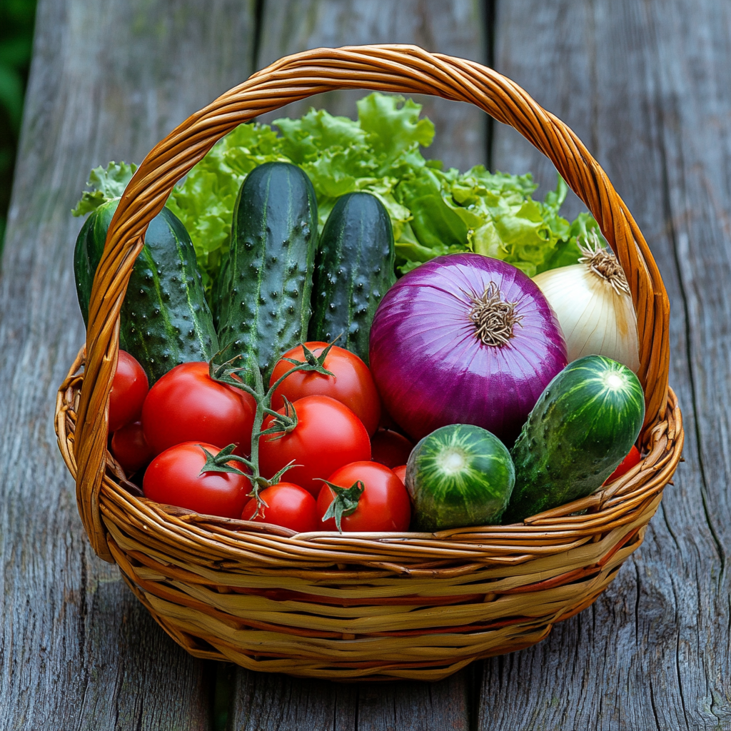 A wicker basket filled with fresh vegetables, including cucumbers, vibrant red tomatoes, a purple onion, a white onion, and crisp green lettuce, sitting on a rustic wooden table.