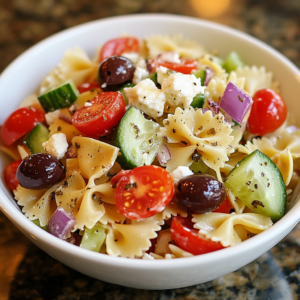 A vibrant bowl of Greek pasta salad featuring bowtie pasta, cucumber slices, cherry tomatoes, black olives, diced purple onions, and crumbled feta cheese, garnished with herbs.