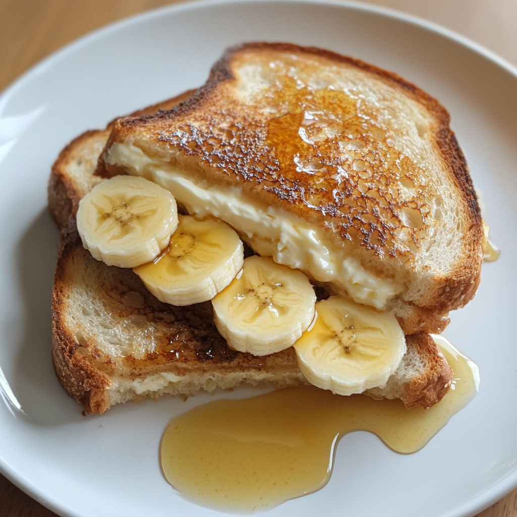 A golden brown banana grilled cheese sandwich with mascarpone, sliced bananas, and honey, served on a white plate with extra honey drizzled on top.