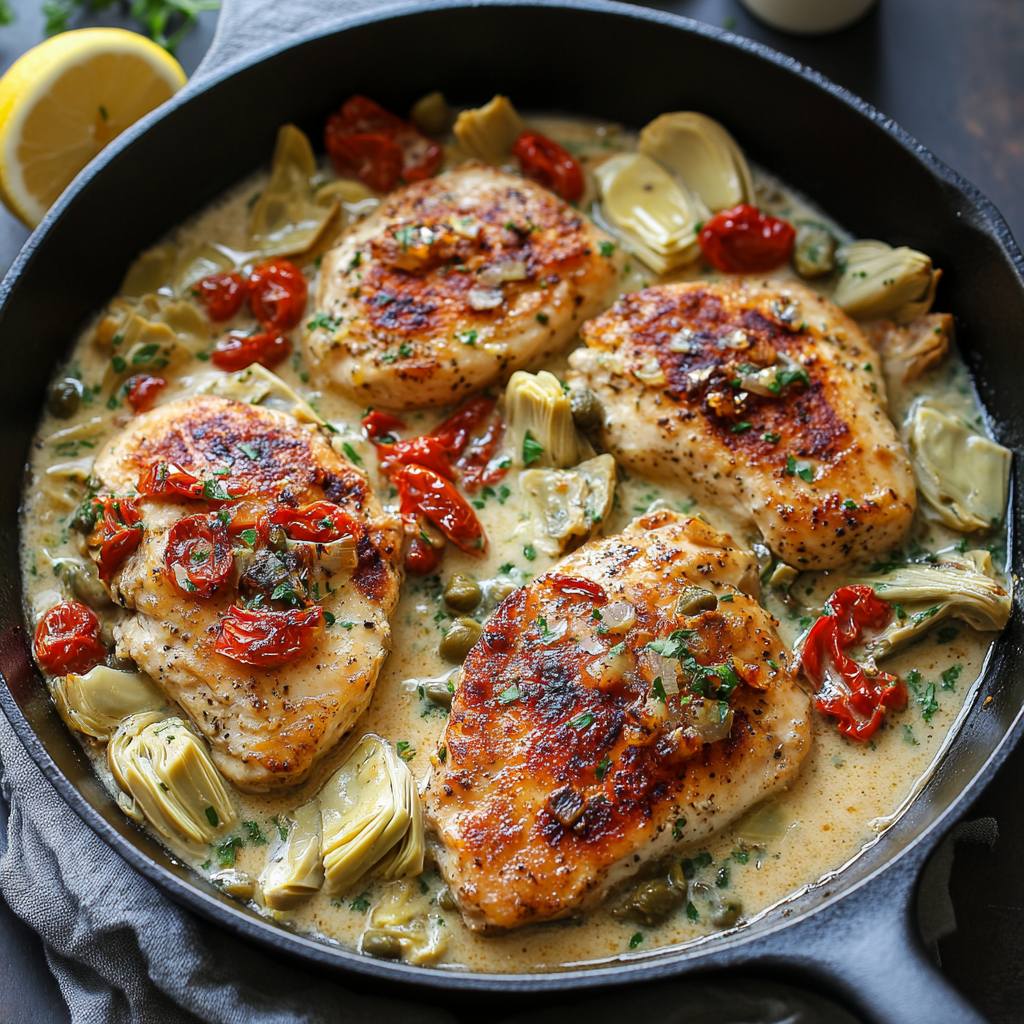 Golden pan-seared chicken breasts in a creamy Mediterranean sauce with artichokes, sun-dried tomatoes, capers, and fresh herbs in a cast-iron skillet.