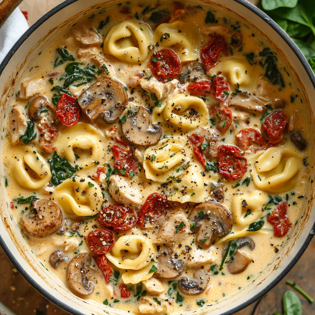 A creamy tortellini dish in a Dutch oven, featuring cheese tortellini, grilled chicken, smoked sausage, sun-dried tomatoes, mushrooms, and spinach in a rich, garlicky parmesan sauce.