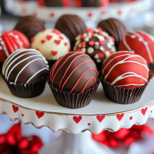 A beautifully arranged assortment of chocolate-covered Nutter Butter cake balls decorated with red, white, and heart-shaped sprinkles on a festive cake stand.