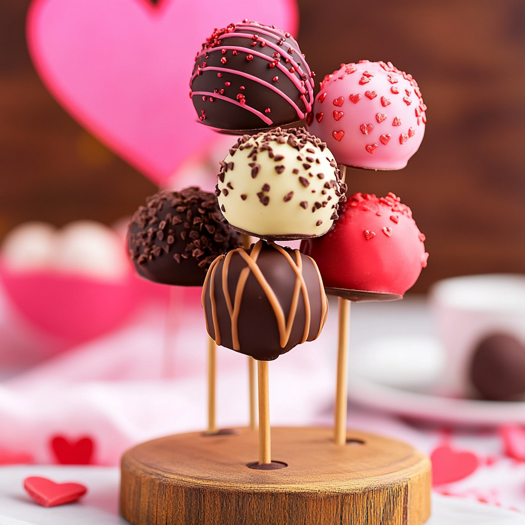 A beautifully arranged display of Nutter Butter cake balls on sticks, coated in chocolate and decorated with heart-shaped sprinkles, drizzles, and crunchy toppings, set against a romantic background.