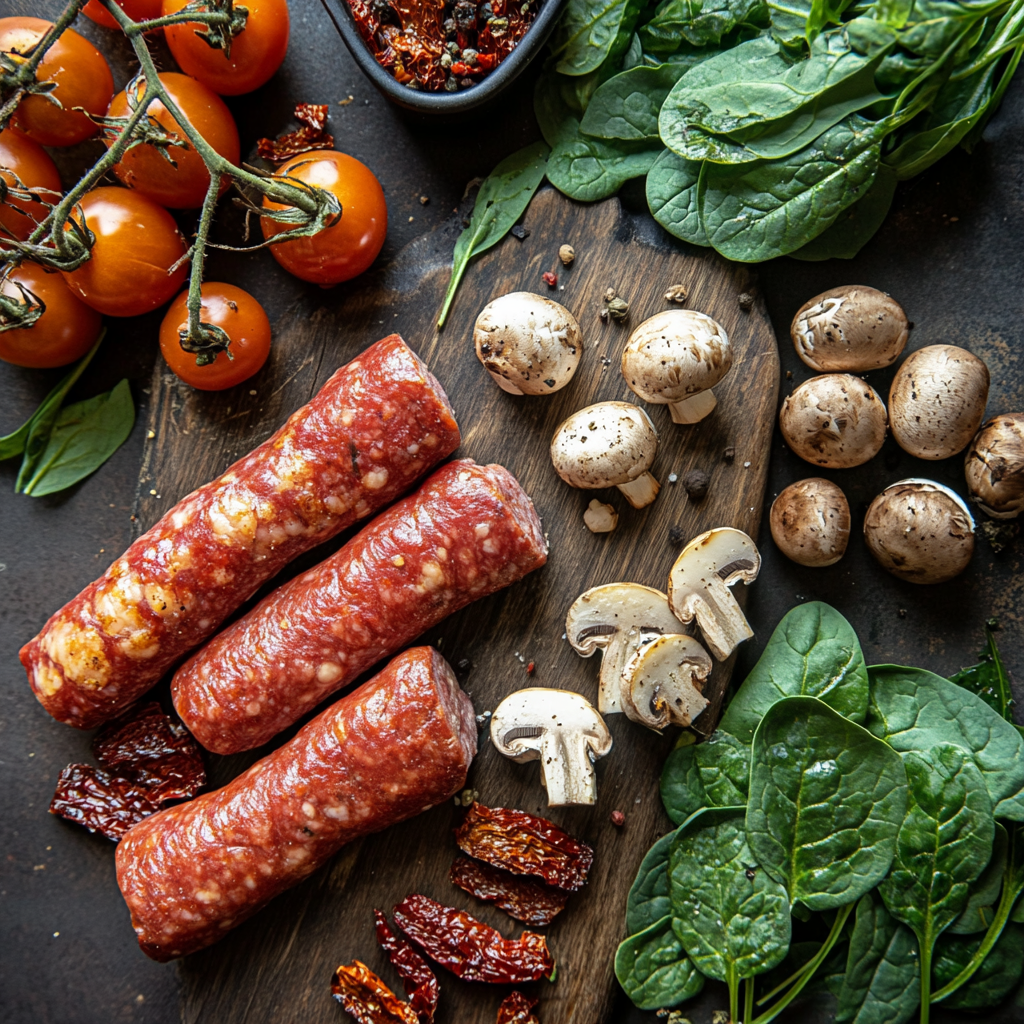 Fresh ingredients for a creamy tortellini dish, including smoked sausage, baby bella mushrooms, fresh spinach, sun-dried tomatoes, and cherry tomatoes on a rustic wooden board.