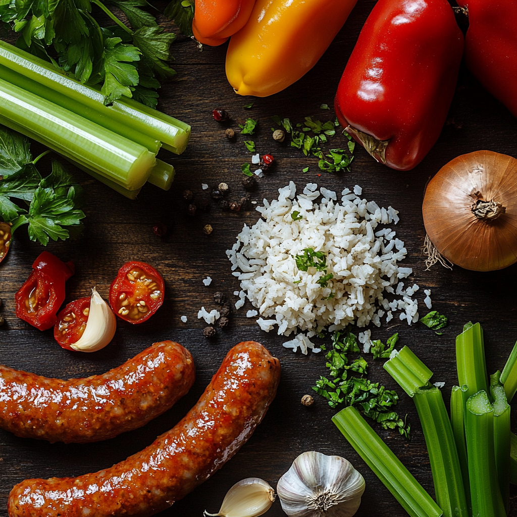 A dark wooden surface displaying fresh ingredients for Jambalaya Soup, including smoked sausage, celery, bell peppers, onion, garlic, tomatoes, white rice, and fresh herbs, arranged with scattered peppercorns.