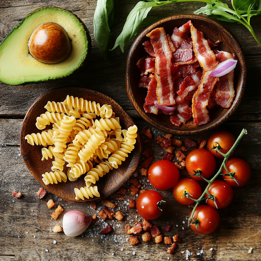 A rustic flat-lay composition of fresh ingredients for a BLT pasta salad, featuring uncooked rotini pasta, crispy bacon slices in a wooden bowl, cherry tomatoes on the vine, half an avocado, fresh lettuce leaves, and scattered bacon crumbles on a wooden surface.