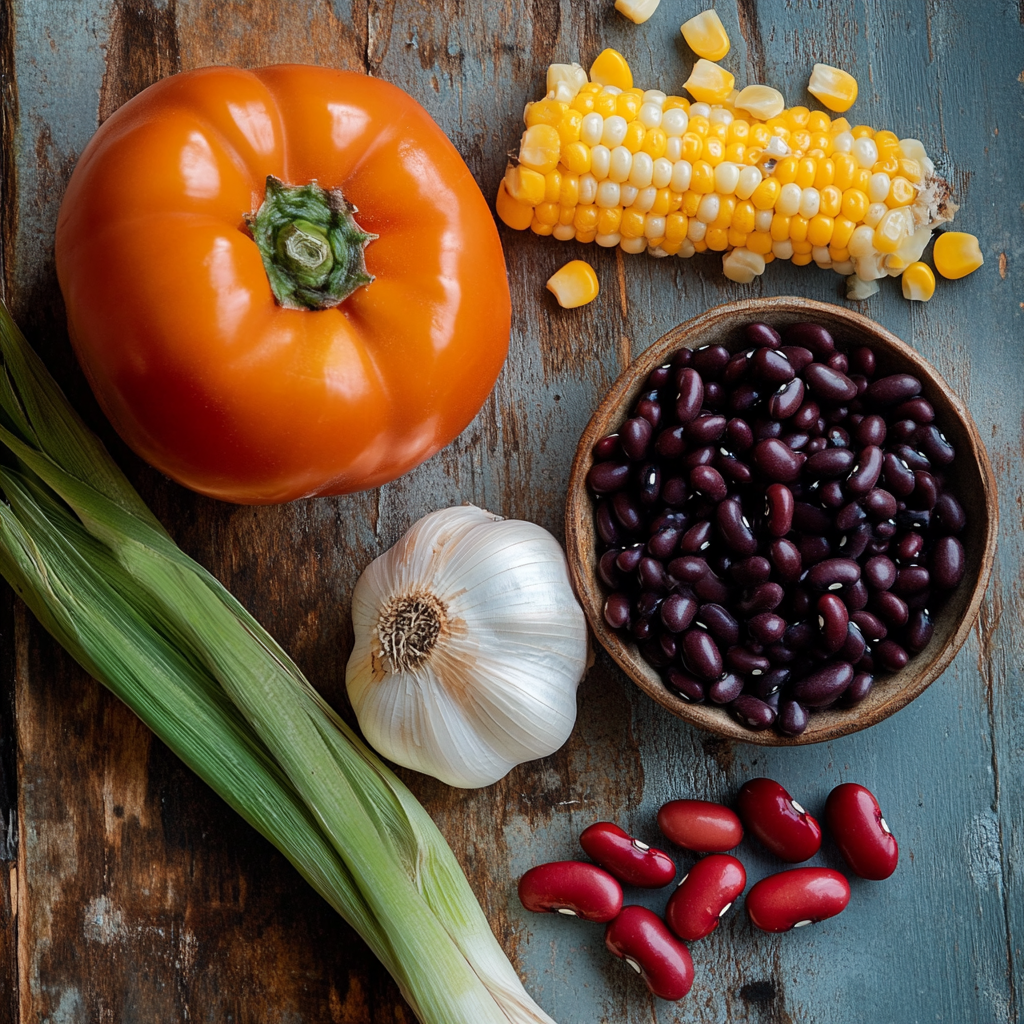 A rustic wooden surface displaying fresh chili ingredients, including a ripe tomato, a partially shucked ear of corn, a bulb of garlic, black beans in a wooden bowl, and red kidney beans.