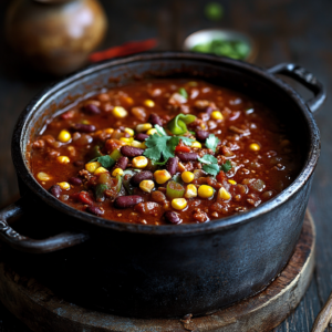 A rustic black cast-iron pot filled with homemade chili, featuring red kidney beans, corn, and ground meat, garnished with fresh cilantro.