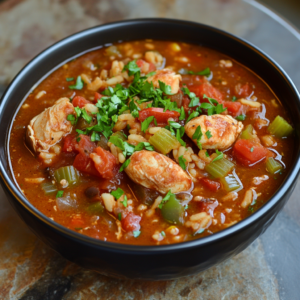 A black bowl filled with Jambalaya Soup, featuring chunks of chicken, diced tomatoes, celery, bell peppers, rice, and a rich, spiced broth, garnished with fresh parsley.