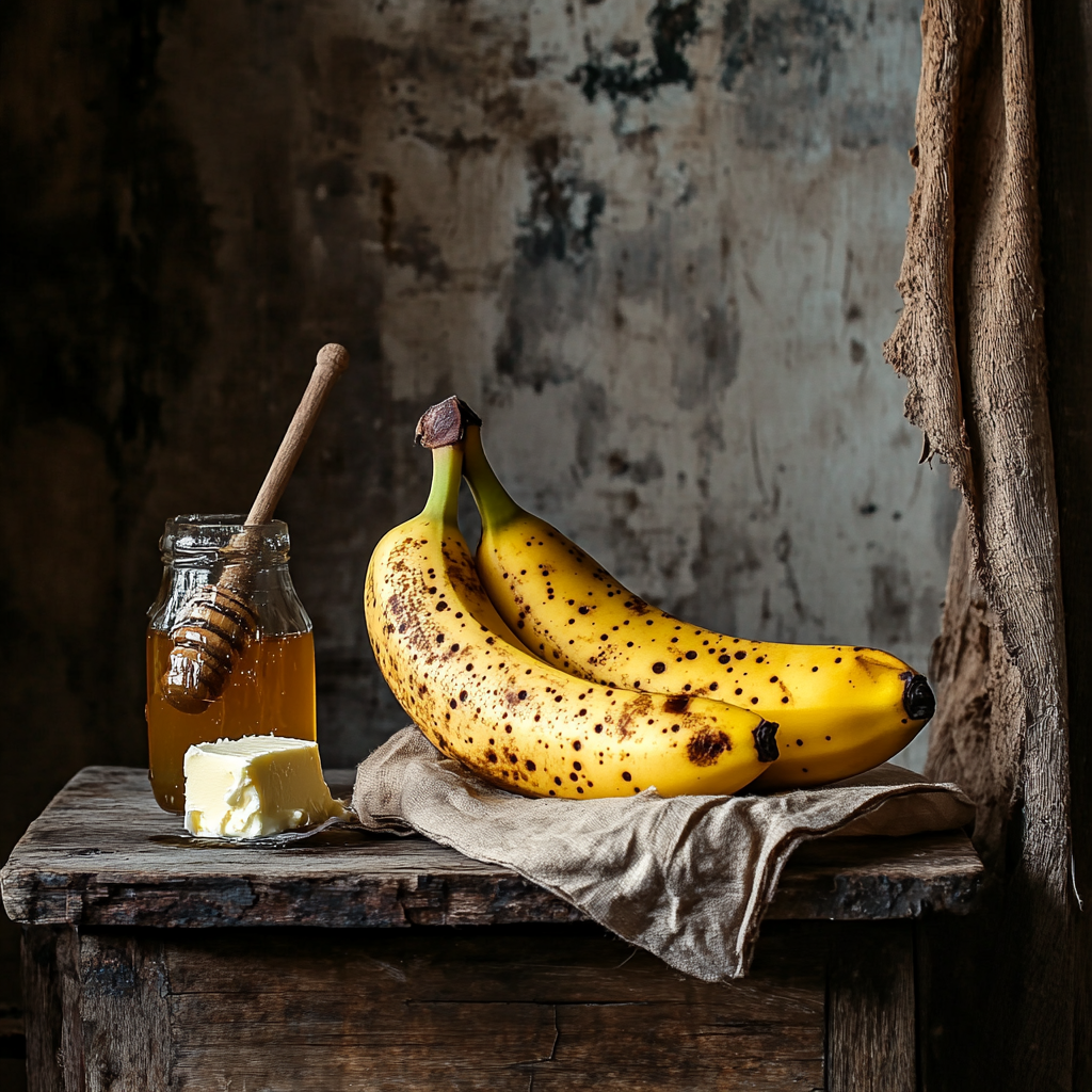 A rustic still life featuring ripe, spotted bananas, a jar of honey with a wooden dipper, and a pat of butter on an aged wooden table with a textured background.