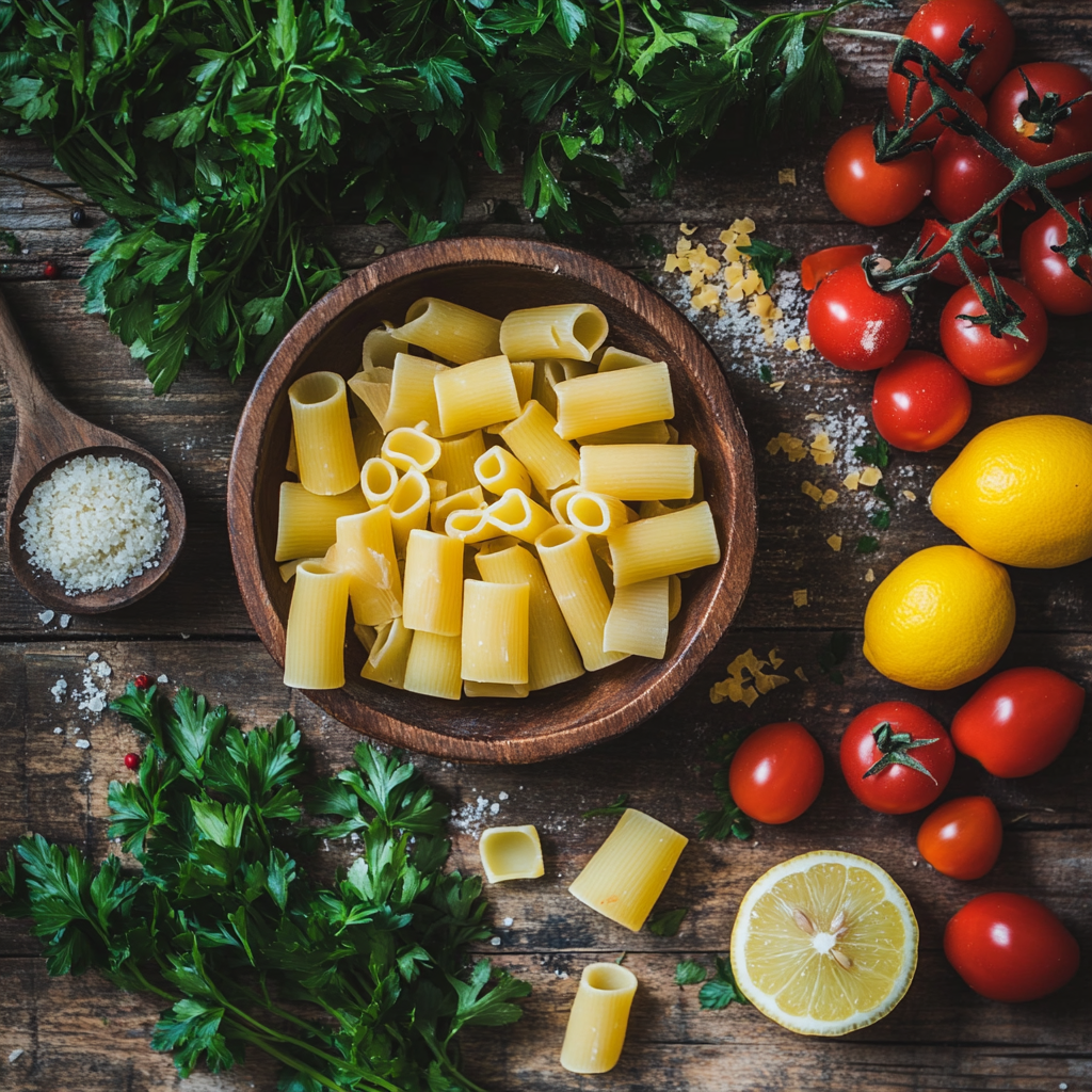 A wooden bowl filled with uncooked rigatoni pasta, surrounded by fresh parsley, cherry tomatoes on the vine, lemons, and grated cheese on a rustic wooden surface.