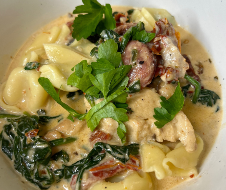 a-creamy-tortellini-pasta-with-sun-dried-tomatoes-mushrooms-chicken-sausage-and-spinach