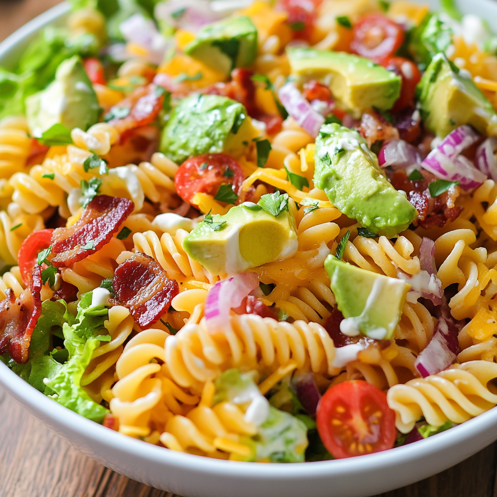 A vibrant BLT pasta salad in a white bowl, featuring rotini pasta, crispy bacon, cherry tomatoes, red onion, cubed cheddar cheese, fresh parsley, chopped avocado, and romaine lettuce, all tossed in a creamy ranch dressing.