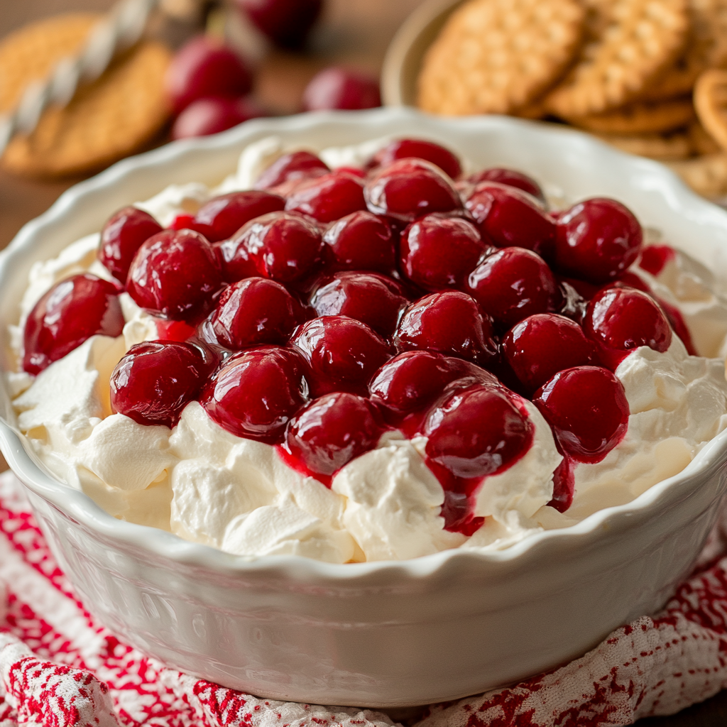 A close-up of a creamy cherry cheesecake dip served in a white bowl. The dip is topped with glistening red cherries and surrounded by golden crackers on a wooden table, with a red and white patterned cloth adding a cozy touch.