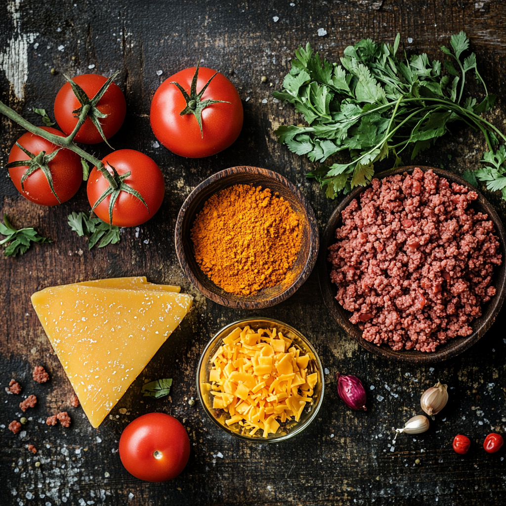 A rustic wooden surface with fresh ingredients for a cheesy taco spaghetti bake, including ground beef, cheddar cheese, taco seasoning, ripe tomatoes, fresh parsley, garlic, and small red chili peppers.