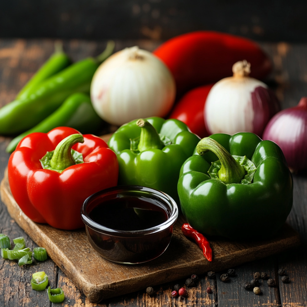 Fresh red and green bell peppers, onions, chili peppers, and a small bowl of soy sauce arranged on a rustic wooden board.