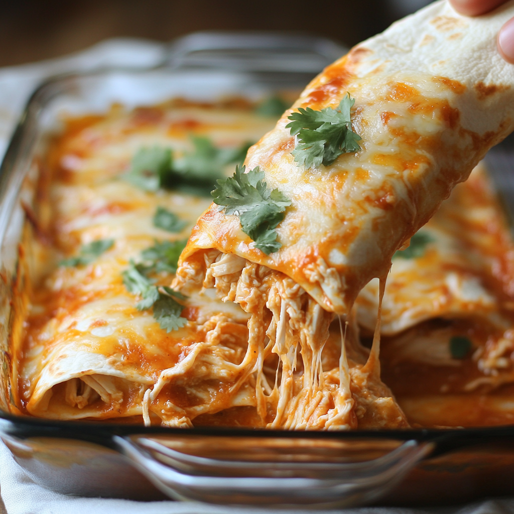 A close-up of a cheesy chicken enchilada being lifted from a casserole dish, showcasing melted cheese and garnished with fresh cilantro.