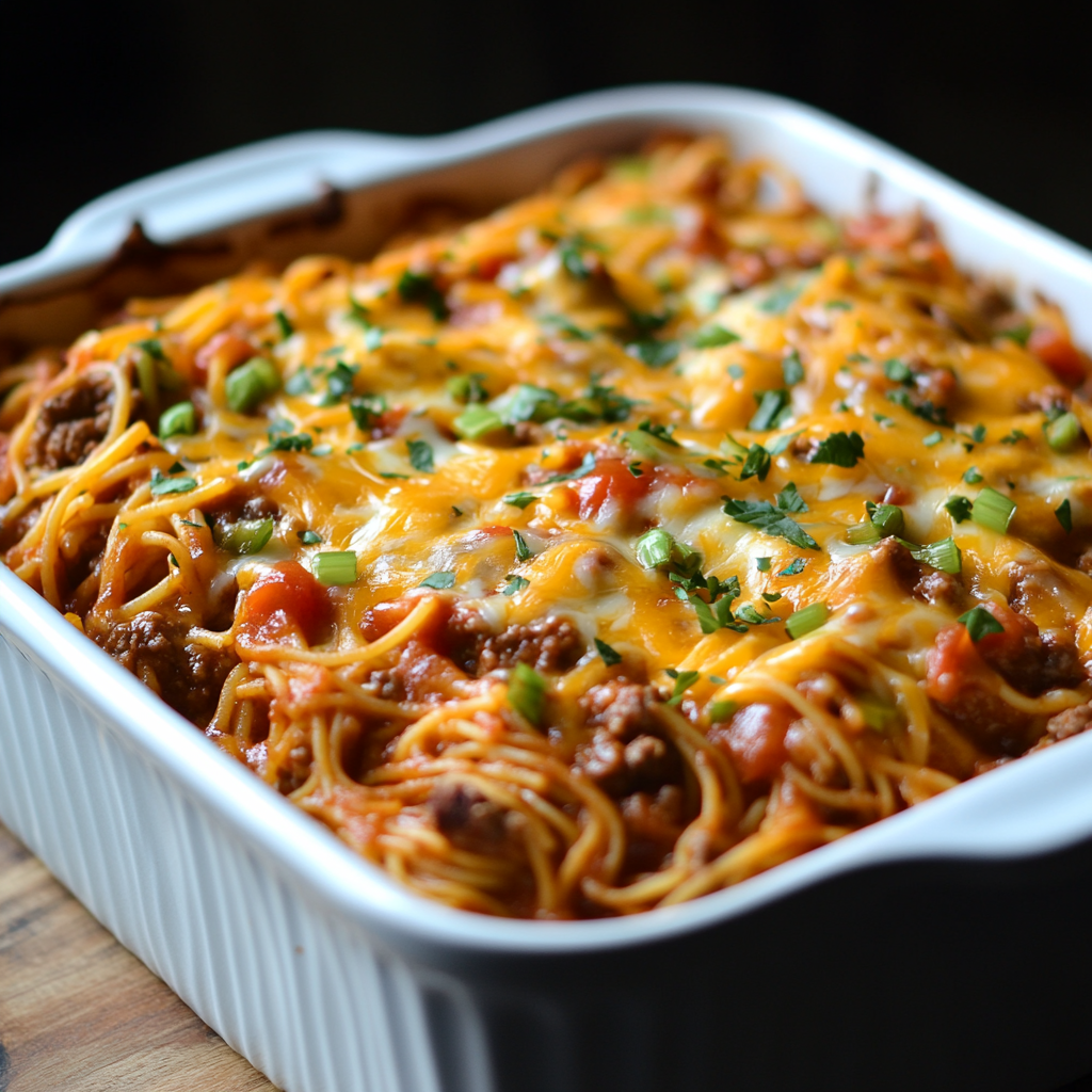 A close-up of a cheesy taco spaghetti bake in a white casserole dish, topped with melted cheddar cheese, diced tomatoes, and garnished with fresh chopped green onions and parsley.