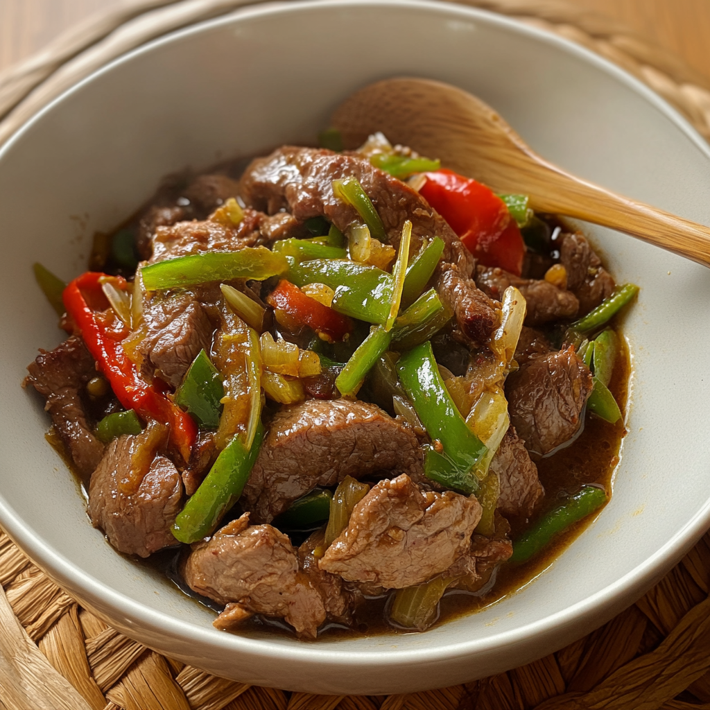 A bowl of pepper steak with tender beef slices, green and red bell peppers, onions, and a rich, savory sauce, served with a wooden spoon.