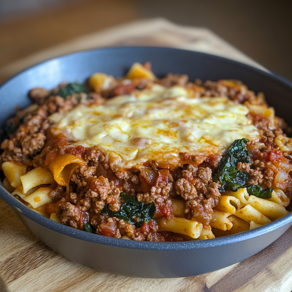 A hearty spinach and beef casserole in a skillet, featuring rigatoni pasta, ground beef, spinach, and a melted cheese topping, ready to serve on a wooden surface.