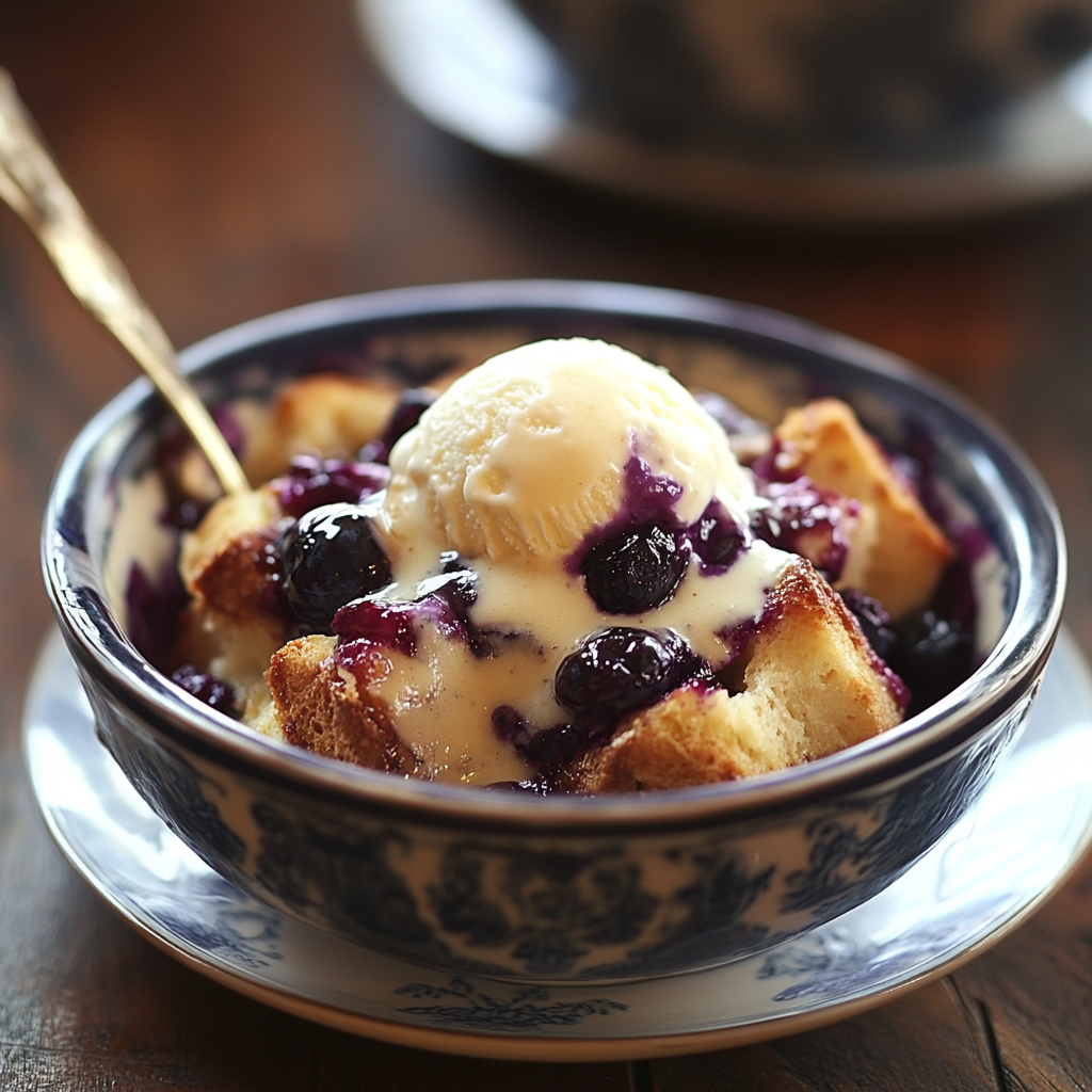 A close-up of a bowl of blueberry bread pudding topped with vanilla ice cream and drizzled with creamy white chocolate sauce, served in a decorative blue and white bowl with a golden spoon.