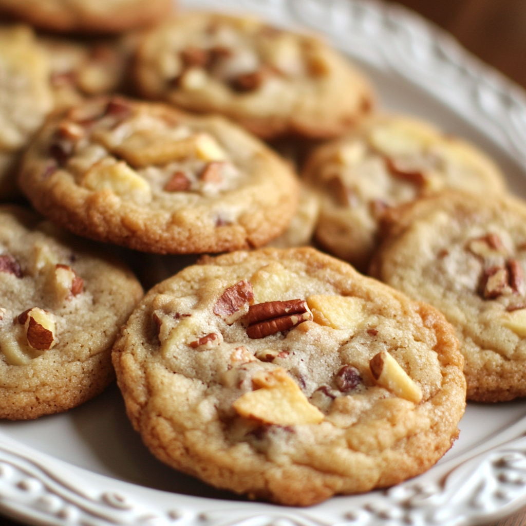 A plate of golden-brown potato chip cookies with pecans, featuring a crisp texture and a rustic homemade look.