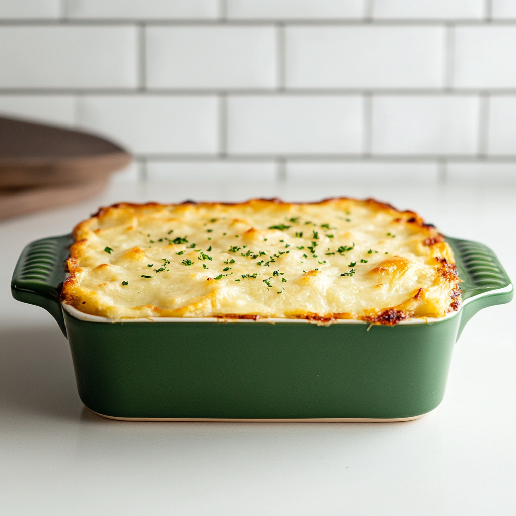 Freshly baked Creole Shepherd’s Pie in a green casserole dish, topped with golden brown mashed potatoes and garnished with chopped parsley, sitting on a white countertop with a tiled backsplash in the background.