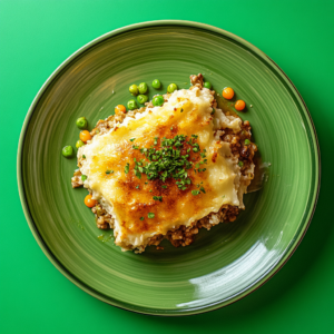 A serving of Creole Shepherd’s Pie on a green plate, featuring layers of seasoned ground beef and golden-brown mashed potatoes, topped with fresh parsley and surrounded by colorful peas and carrots, set against a vibrant green background.
