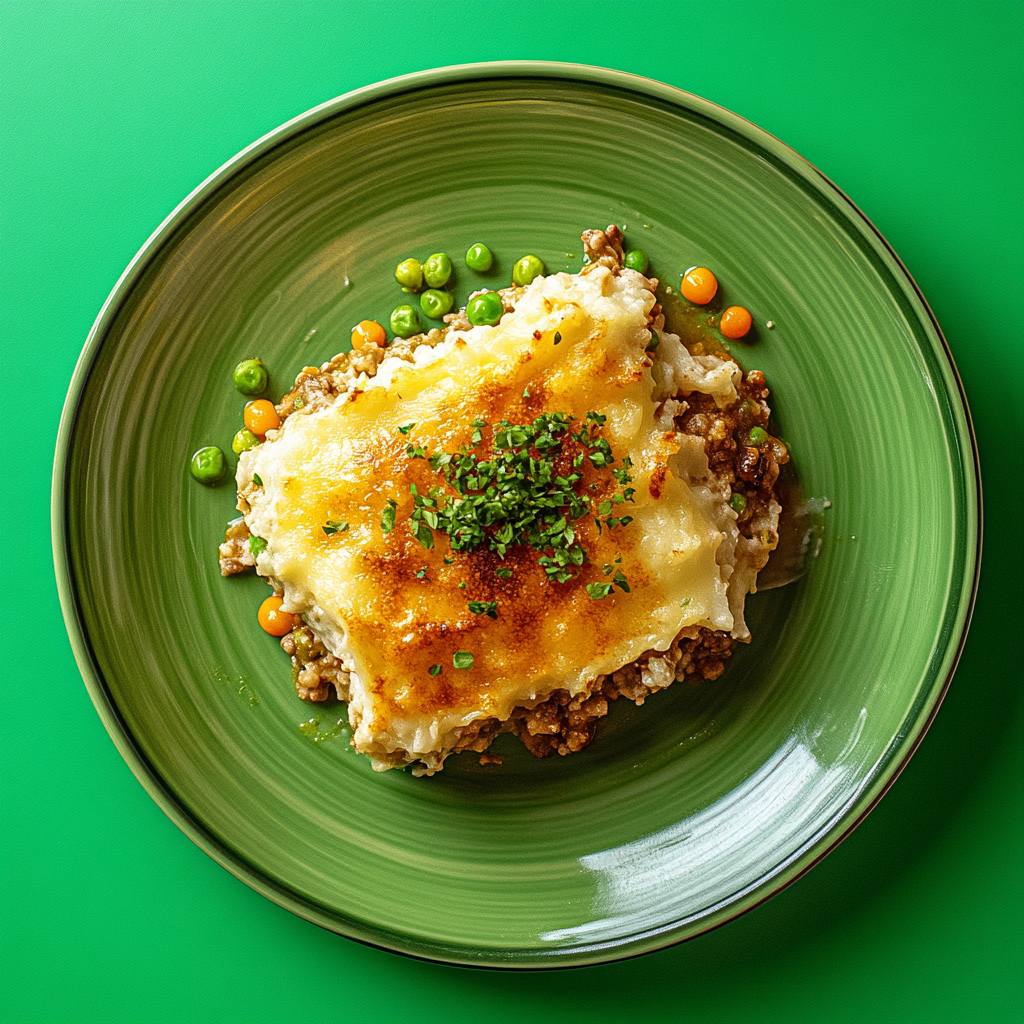 A serving of Creole Shepherd’s Pie on a green plate, featuring layers of seasoned ground beef and golden-brown mashed potatoes, topped with fresh parsley and surrounded by colorful peas and carrots, set against a vibrant green background.