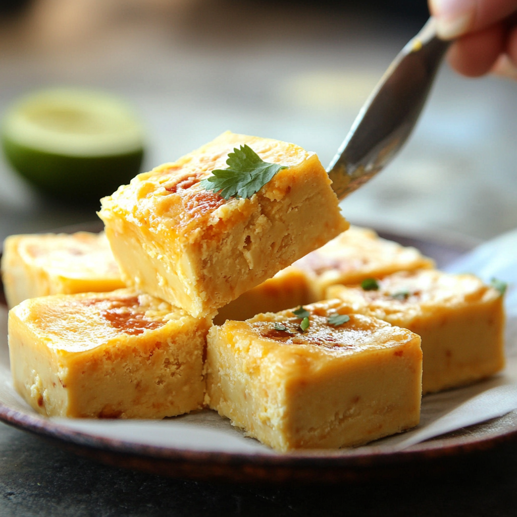 Close-up of bite-sized squares of cheesy salsa verde egg bake on a plate, garnished with fresh cilantro, with a fork lifting one piece.