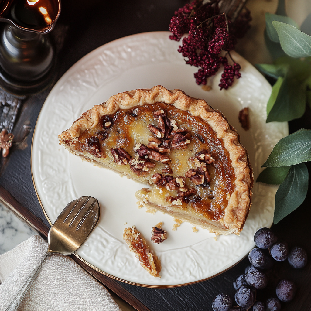 A slice of pecan sweetbread pie on a white plate, surrounded by decorative greenery, purple berries, and a soft-lit ambiance, with a fork placed beside it.