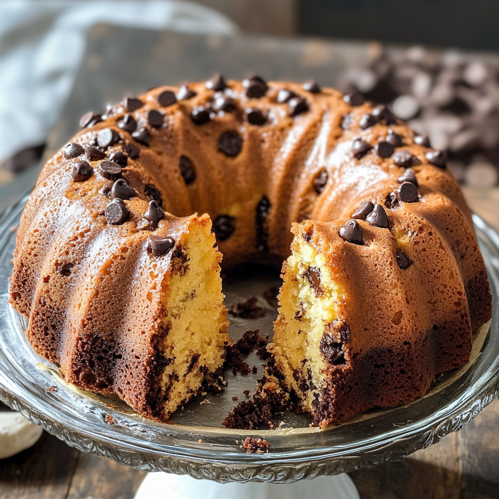 A golden-brown bundt cake studded with mini chocolate chips, sitting on a glass cake stand. The cake has a slice cut out, revealing its moist yellow interior with evenly distributed chocolate chips. The rich texture and slight crumb give it a freshly baked look, perfect for enjoying with a glaze or powdered sugar. Chocolate chips decorate the top for an extra touch of indulgence.