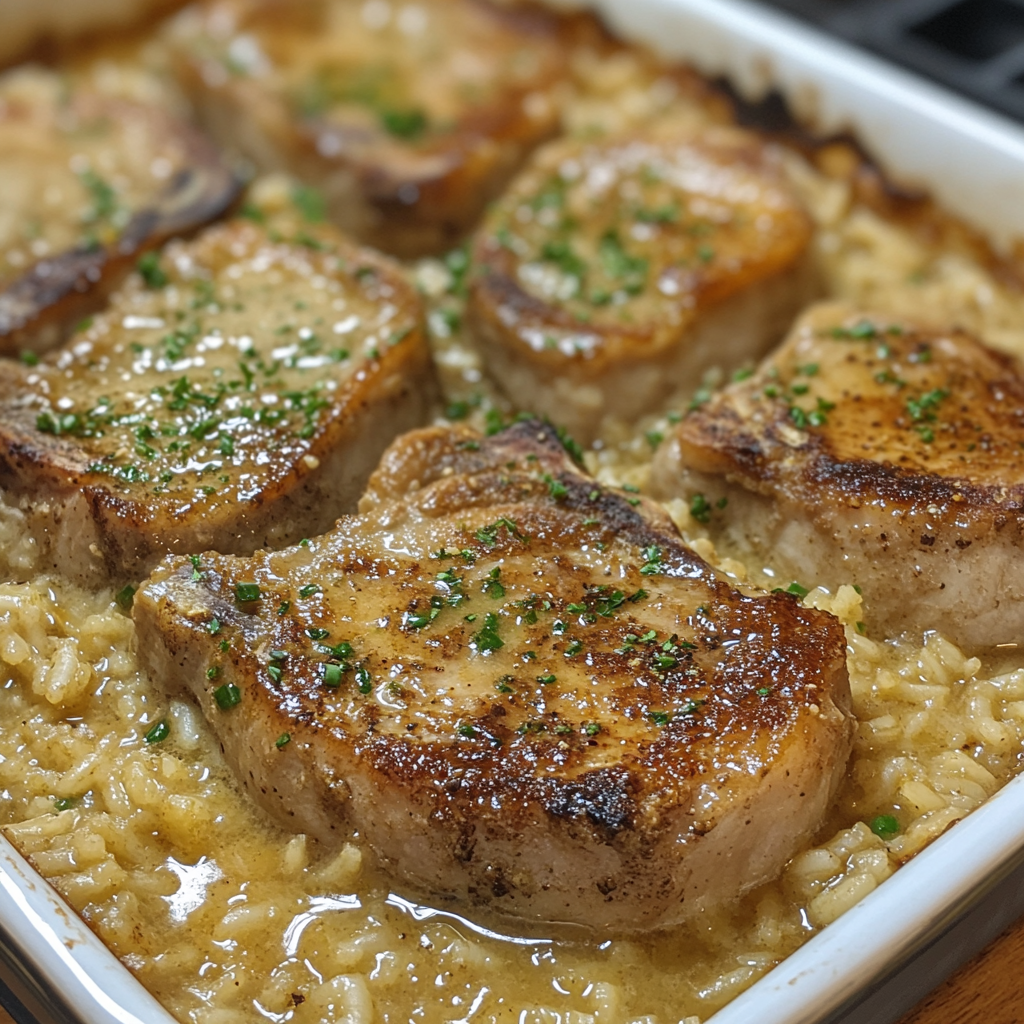 A close-up of a baked pork chops and rice casserole, showcasing golden-brown, seasoned bone-in pork chops nestled in creamy, flavorful rice, garnished with fresh chopped parsley for a touch of color and elegance.