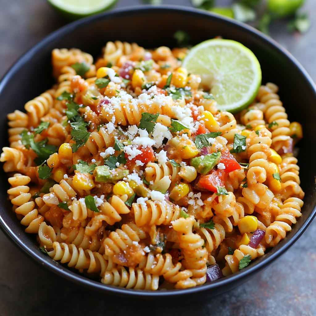 A vibrant bowl of Mexican Street Corn Pasta Salad featuring rotini pasta mixed with colorful roasted corn, diced peppers, and creamy dressing. The dish is garnished with crumbled white cheese, fresh cilantro, and a lime wedge, creating a fresh, tangy, and visually appealing presentation.